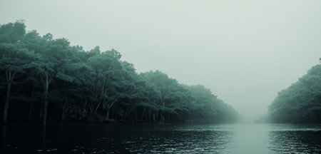 background by the water water in a mysterious and scary forest Smog in the forest dark tones a lazy river in a fantasy forestの写真素材