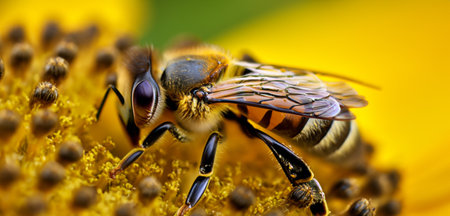 Bees suck pollen from flowers Close up photo Macro photo of an insect wasp