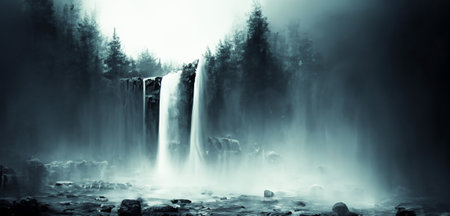 Dark tone waterfall background fantasy forest stream in nature waterfall on the hill Filled with big...