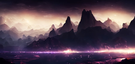 city of mountains Scene of a fantasy land Sophisticated panoramas of colorful hues and mysterious light and shadowの写真素材