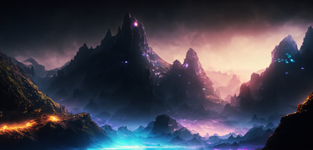 city of mountains Scene of a fantasy land Sophisticated panoramas of colorful hues and mysterious light and shadowの写真素材