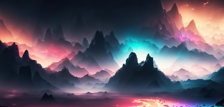 city of mountains Scene of a fantasy land Sophisticated panoramas of colorful hues and mysterious light and shadowの写真素材