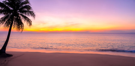 Beach seaside evening at sunset With coconut trees orange skyの写真素材