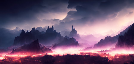 fantasy land Panorama of the mountains in with the complexity of colorful and mysterious light and shadowの写真素材