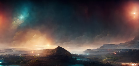 fantasy land Panorama of the mountains in with the complexity of colorful and mysterious light and shadowの写真素材