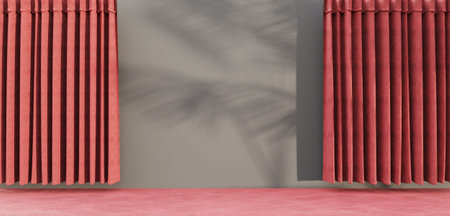 Wall curtains in an empty room Product launch stage and performances Scene with the opening of the curtains 3D illustrationの写真素材