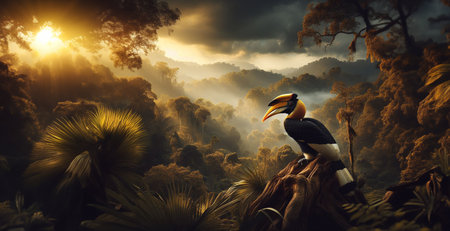 A hornbill sits on a branch in the rainforest Background image of a rare and mysterious wild animalの写真素材