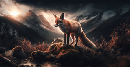 The fox raised its neck and howled in the deep forest amidst the surrounding high mountains