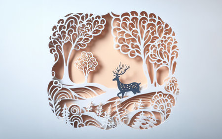 Paper Cutout paper cutting art It is a picture of a deer in the forest origami work layers of paper laid out in layers pictures of wild animalsの写真素材