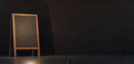 blackboard and room scene Cement wall floor sign floor standing blackboard symbol 3D illustrationの写真素材