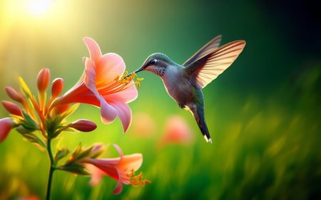 Macro image of a hummingbird sucking nectar from flower pollen blurred bokeh background nature greenの写真素材
