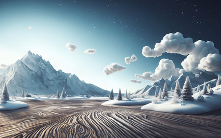 Snow mountain simulation scene Cloudy sky on a wooden floor Light and shadows inside the house A panoramic model of nature in winterの写真素材