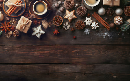 placement elements New Year holiday objects on a wooden background Gift boxes hot coffee and decorative balls Warm light at the end of winterの写真素材