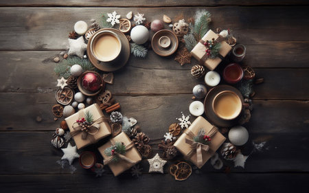 placement elements New Year holiday objects on a wooden background Gift boxes hot coffee and decorative balls Warm light at the end of winterの写真素材