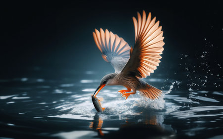 Birds swoop down to the surface of the water to catch fish. Birds hunt for food. Birds eat fish. Above the water surface, the sea surface sparkles with light. animal lifestyleの写真素材