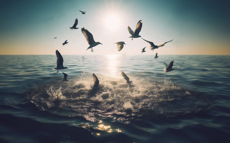 Birds swoop down to the surface of the water to catch fish. Birds hunt for food. Birds eat fish. Above the water surface, the sea surface sparkles with light. animal lifestyleの写真素材