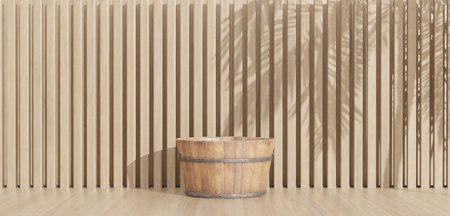 Wooden barrels on the floor Empty room scene Floor and walls Oak barrels 3D illustrationの写真素材