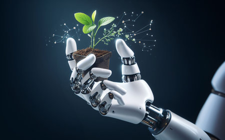 A robot arm holds a seedling in its hand Conservation thinking with artificial intelligence...