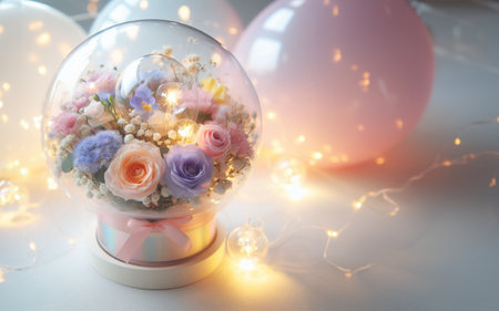 Glass jar for flowers Bouquet of flowers with clear balloons and lights on pastel background New Year decorations and giftsの写真素材