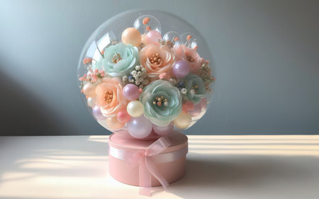 Glass jar for flowers Bouquet of flowers with clear balloons and lights on pastel background New Year decorations and giftsの写真素材
