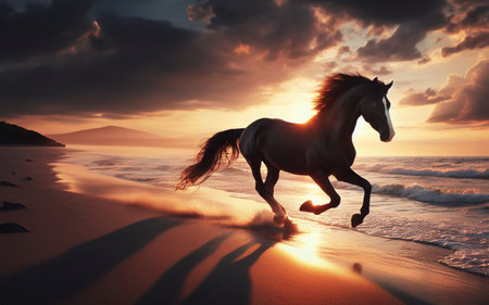 horse running by the sea Seaside beach at sunsetの写真素材
