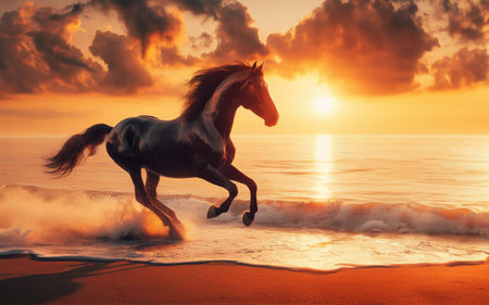 horse running by the sea Seaside beach at sunsetの写真素材