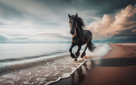 horse running by the sea Seaside beach at sunsetの写真素材