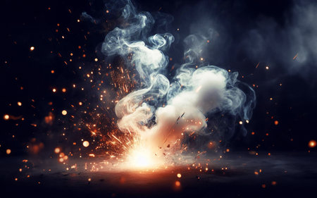 Smoke and fire background Sparks Eruption of sparks White smoke on a black backgroundの写真素材