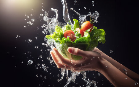 Salad vegetables with juice splashing or exploding Green vegetables in a glass bowl flying in the air and water splashing on a black backgroundの写真素材