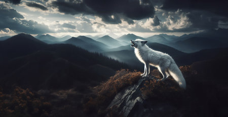 A fox stood on a rock its neck raised and howling amidst the surrounding high mountainsの写真素材