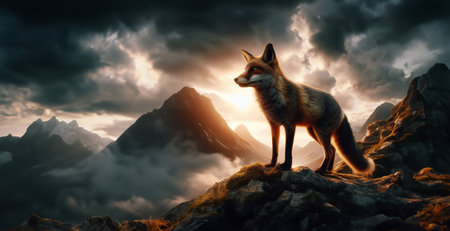 A fox stood on a rock its neck raised and howling amidst the surrounding high mountainsの写真素材