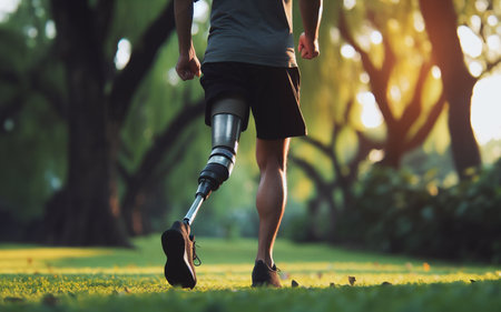 Disabled person wearing prosthetic leg Exercise in the garden Jogging with prosthetic legsの写真素材