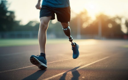 Disabled person wearing prosthetic leg Exercise on the treadmill in the running field Jogging with prosthetic legsの写真素材