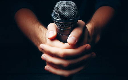 hand holding microphone on a black background The hands of a singer who is about to singの写真素材