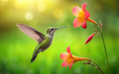 Humming birds suck nectar from flower pollen blurred bokeh background nature greenの写真素材