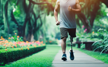 Disabled person wearing prosthetic leg Exercise in the garden Jogging with prosthetic legsの写真素材