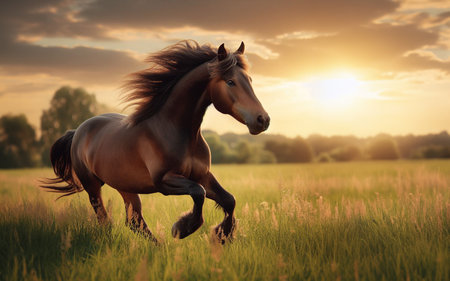 horse running pasture nature background mountains and treesの写真素材