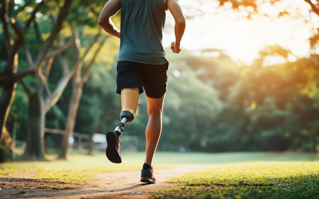 Disabled person wearing prosthetic leg Exercise in the garden Jogging with prosthetic legsの写真素材
