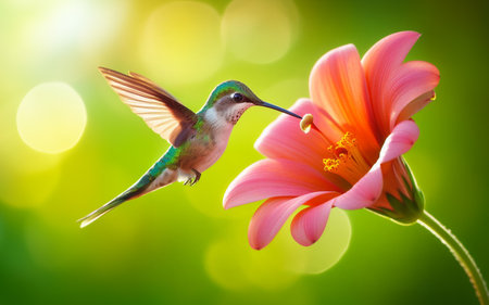 Humming birds suck nectar from flower pollen blurred bokeh background nature greenの写真素材
