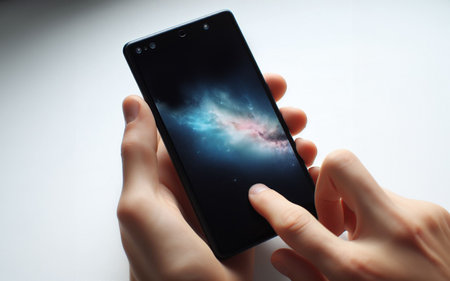 Mobile phone on a white backgroundの写真素材