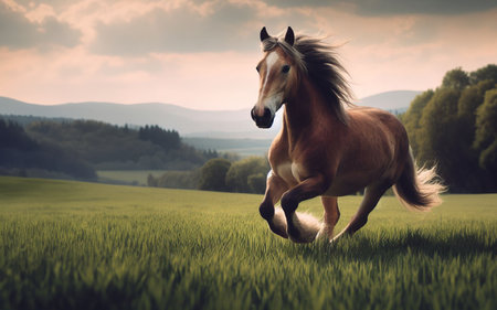 horse running pasture nature background mountains and treesの写真素材