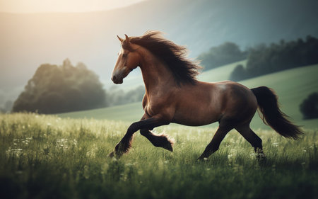 horse running pasture nature background mountains and treesの写真素材