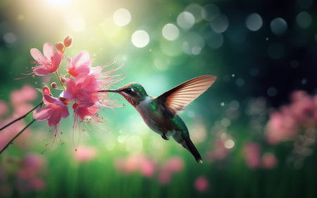 Humming birds suck nectar from flower pollen blurred bokeh background nature greenの写真素材