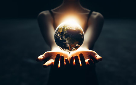 Two hands extended forward In my hand there is a small world Concept of protecting the earth saving the worldの写真素材