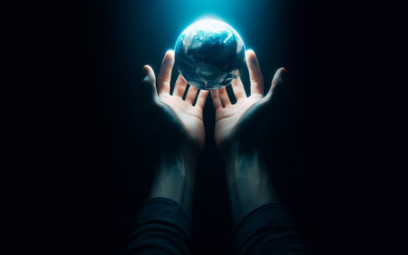 Two hands extended forward In my hand there is a small world Concept of protecting the earth saving the worldの写真素材