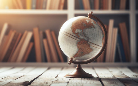 A replica of the globe sits on a table in the library with many books on the backの写真素材