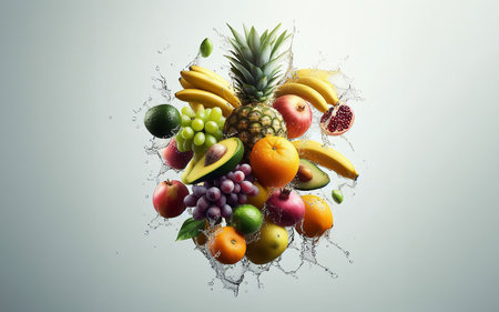 Citrus fruits Different flying and splashing water Mixed fruits floating in the air with water drops and splashes on a white backgroundの写真素材