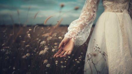 A young woman in a white lace dress in the middle of a meadow emphasizing a sweet and romantic moodの写真素材