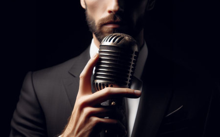 old fashioned male singer Man in a suit holding an antique microphone on a black backgroundの写真素材