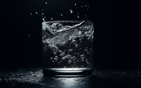 Pour water into a clear glass Water splashes Water spills on the floor Black background